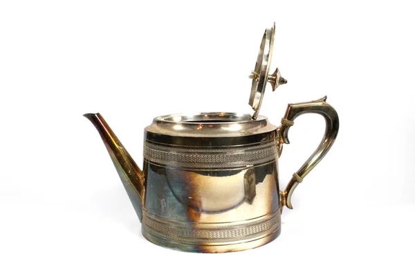 Старинный Антикварный Чайник Чайник Металле Белом Фоне — стоковое фото