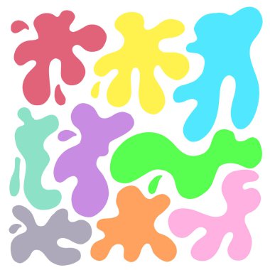 Renkli mürekkep lekeleri renkli boya sıçramaları ve damlalar. Çocuklar için parlak, oyuncu, soyut graffiti noktaları sanat damlaları, çizgi romanlar, pop sanat tasarımı. Vektör izole edildi