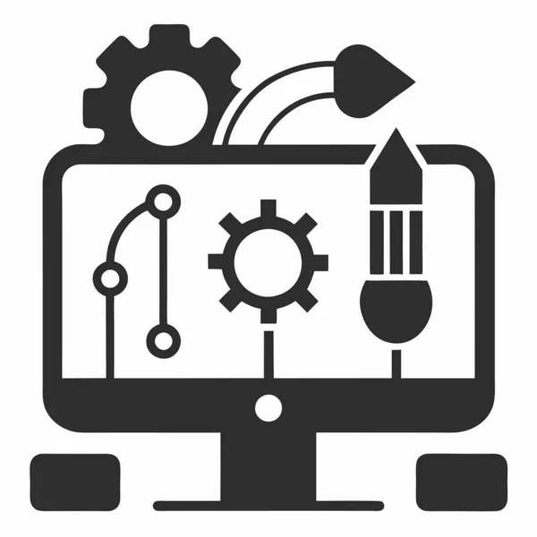 Mühendislik ve yazılım geliştirme için çarkları, devresi, kalemi ve fırçası olan bilgisayar