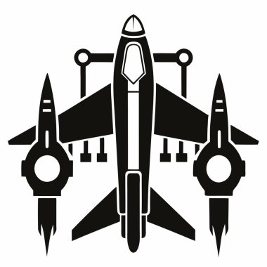 Jet Silhouette in Flight: cesur, çarpıcı siyah beyaz siluet gökyüzünde süzülen bir jet uçağı, somutlaştırıcı hız, güç ve havacılık ruhu.