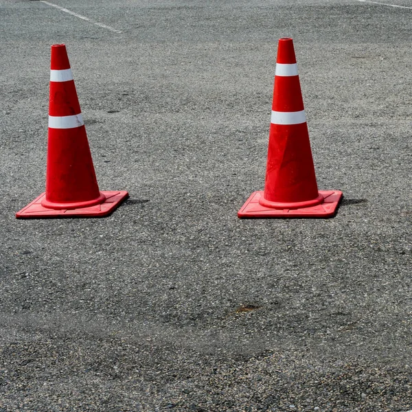 Three Orange Plastic Cones Asphalt Road — Stock Photo, Image