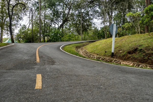 Segnale Stradale Curva Gialla Sulla Strada Giungla — Foto Stock