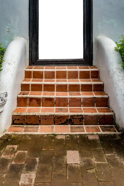 Brown Ceramic Tiles Concrete Staircase Black Door Frame Isolate White — Stock Photo, Image