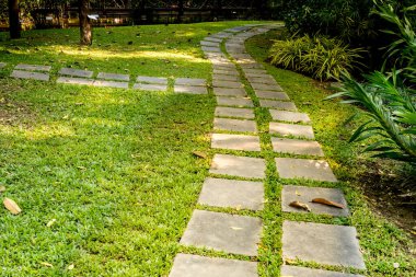 Parkta yeşil çimenli beton blok yolu