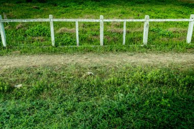 Eski Beton ve yeşil çimenli ahşap çit manzarası