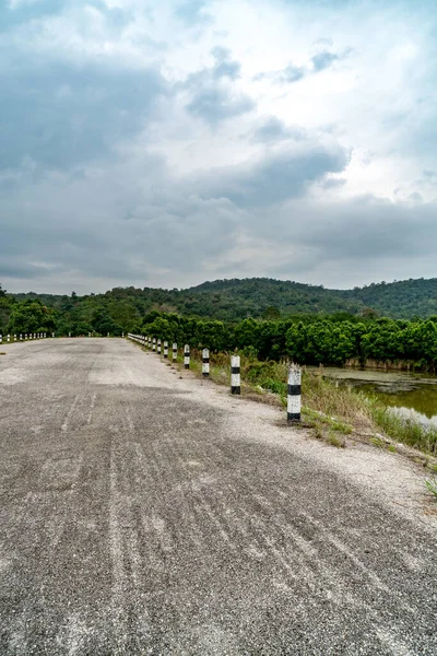 Asfalto Strada Sterrata Con Foresta Verde Sfondo Nuvoloso — Foto Stock