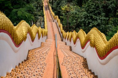 Tayland tapınağında Tayland ejderhası tırabzanı olan beton merdiven.