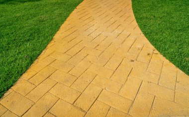 Parktaki yeşil çimlerin arasından geçen sarı beton yol