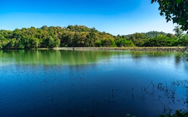 Mavi arka planda yeşil dağlı göl