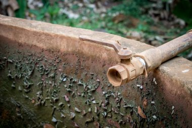 Demir boruyla beton sınırında paslı valf.