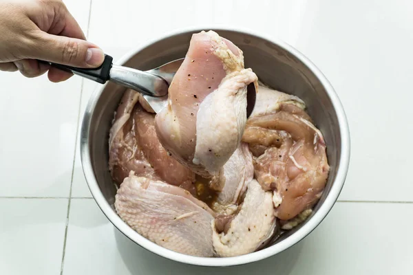 Raw Chicken Stainless Bowl Pepper Sauce — 스톡 사진