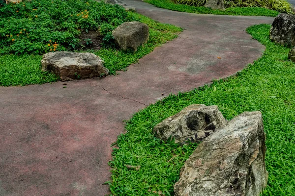 Chemin Bétonné Avec Herbe Verte Dans Parc — Photo