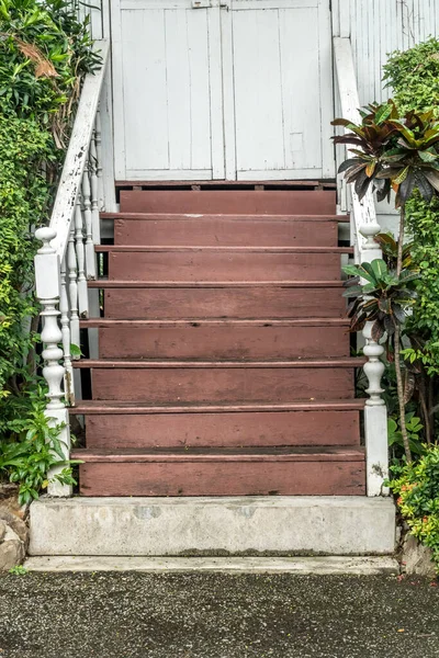 带有植物和部分旧白色门的老式木制楼梯 — 图库照片