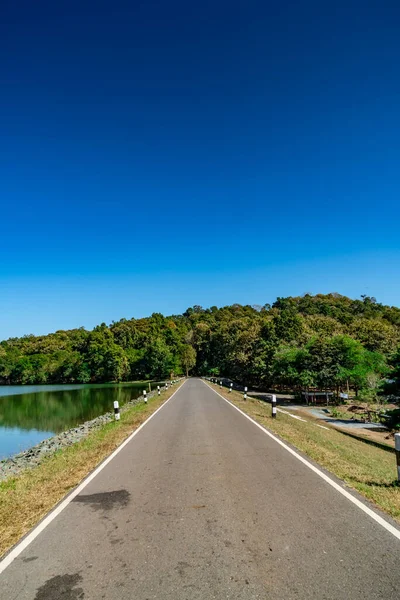 Asfalto Strada Campagna Con Foresta Tropicale Verde Sfondo Cielo Blu — Foto Stock