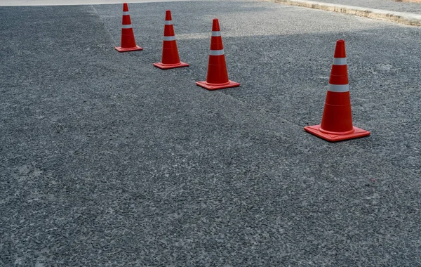Four Orange Plastic Cones Asphalt Road — Stock Photo, Image