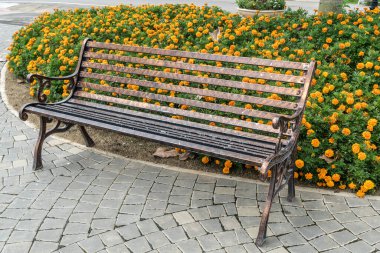 Bahçede beton zeminde demir park bankı