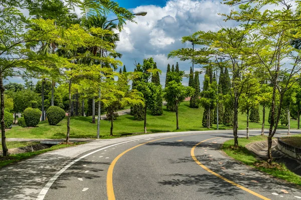 Beautiful Asphalt Road Green Trees Park White Cloud Blue Sky — Stock Photo, Image