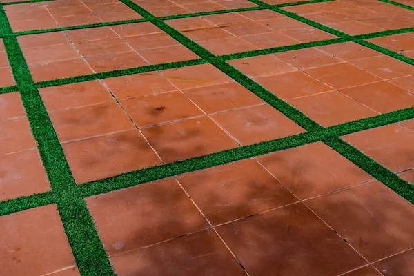 Perspectief Van Oude Bruine Keramische Tegelvloer Met Groene Graslijn — Stockfoto