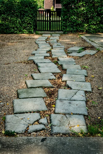 Krzywa Betonowa Ścieżka Drzwi Ogrodzenia Krzaczastego Parku — Zdjęcie stockowe