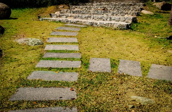 Blocco Cemento Percorso Con Scala Pietra Grigia Prato Verde — Foto Stock