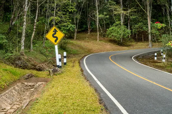 ジャングルへの道に黄色のカーブの道路標識 — ストック写真