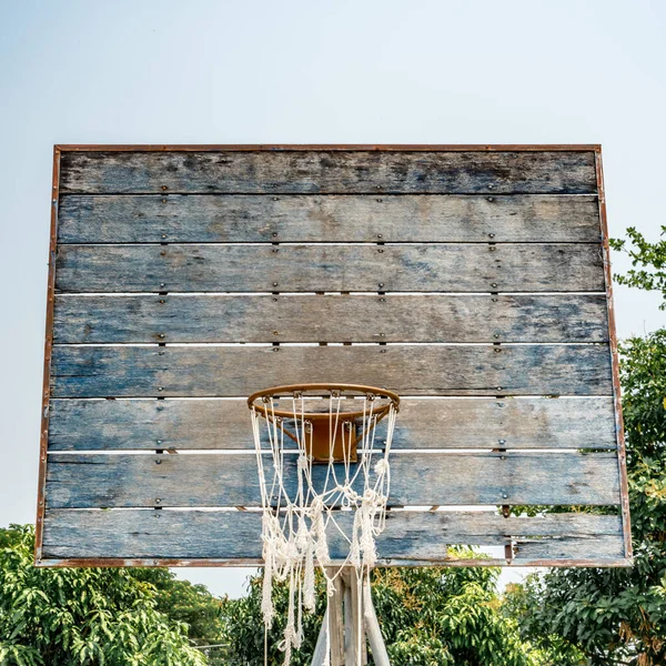 Old basketball hoop with green leaves background