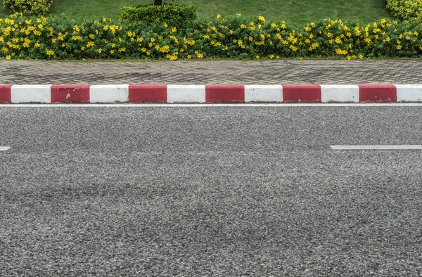 Camino Asfalto Con Bordillo Hormigón Rojo Blanco Flores Amarillas — Foto de Stock