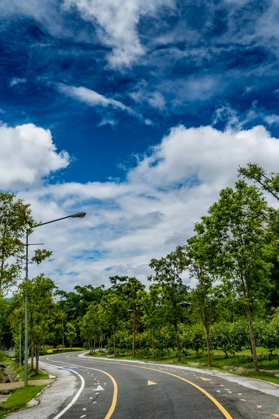 Beautiful Asphalt Road Green Trees Park White Cloud Blue Sky — Stock Photo, Image