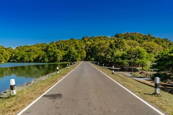 Asphaltierte Landstraße Mit Grünem Tropenwald Vor Blauem Himmel — Stockfoto