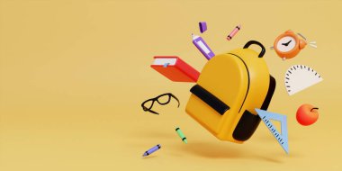 A playful 3D render showcasing a yellow backpack with floating school supplies like books, pencils, and a clock, representing back to school excitement.