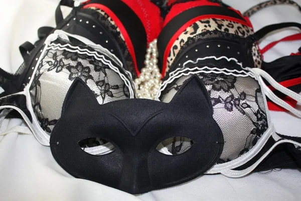 Black mysterious female ball mask and lacy bras erotic lingerie — Stock Photo, Image