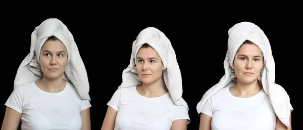Portrait of natural young woman with a towel on her head. Set of three photos isolated on black. Spa welness bath topic. — Stock Photo, Image