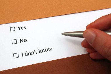 Evet ya da hayır ya da cevap seçeneklerini bilmiyorum. Karar verme veya planlama veya sorunları konular.