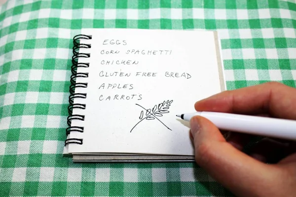 No gluten diet shopping list with a hand, which writing inscription gluten free