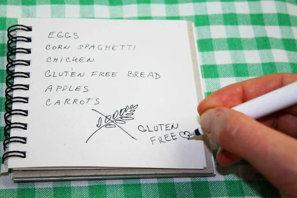 No gluten diet shopping list with a hand, which writing inscription gluten free