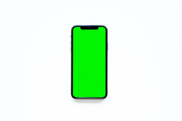 Telefonens Smartphone Grön Skärm Vit Bakgrund Royaltyfria Stockbilder