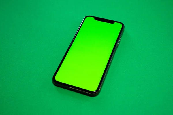 Telefoon Telefoon Smartphone Groen Scherm Groene Achtergrond — Stockfoto