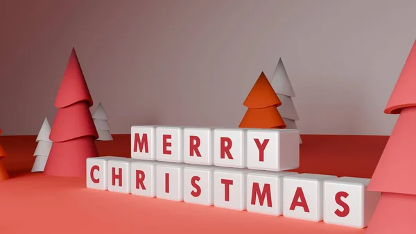 Kırmızı beyaz mutlu noel blokları sıcacık tonlanmış soyut ağaçlarla çevrili mevsimsel selamlaşmalar için temiz bir kış arkaplanı.