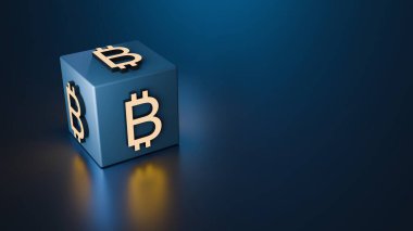 Bitcoin Küpü Koyu Mavi Arkaplanda Finansal Teknoloji ve Kripto Para Biriminin Dijital Dünyada Büyüdüğünü Gösteriyor