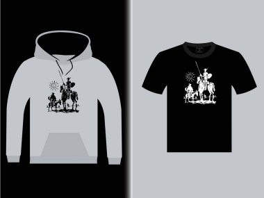 Klasik İspanyol karakter Don Kişot 'tan esinlenilmiş eşsiz bir kapüşon ve tişört tasarımı. Asgari siyah ve beyaz siluet sanatında bir şövalye ve yoldaşı, cesaret, macera ve ebedi edebiyatı sembolize eder..