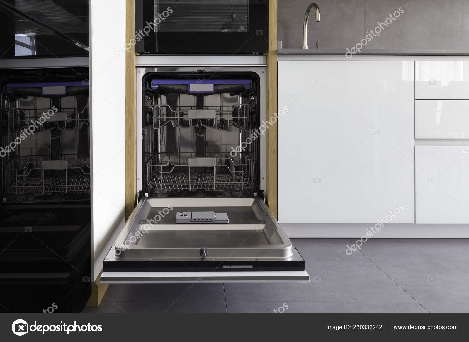 Opened New Empty Dishwasher Modern Loft Kitchen White Grey Colors
