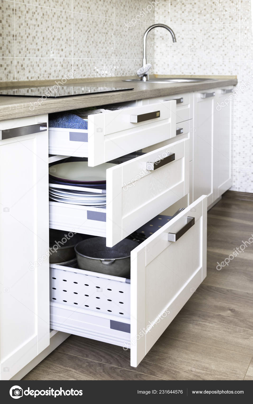 Opened Kitchen Drawers Plates Smart Solution Kitchen Storage