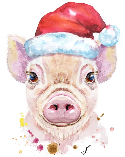 Watercolor portrait of mini pig in a Santa hat