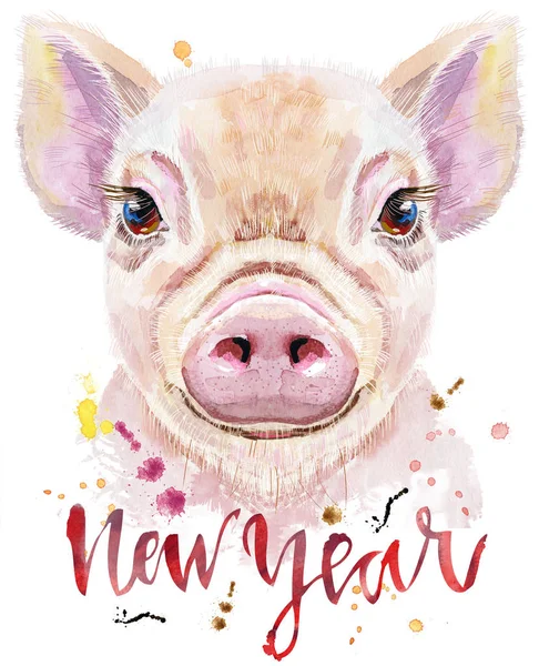 Watercolor portrait of mini pig with the inscription New Year