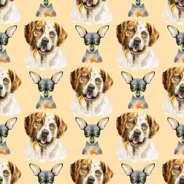 Watercolor seamless pattern of dogs on beige background.