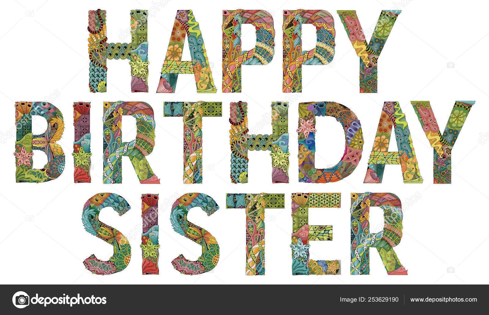 Words Happy Birthday Sister Vector Decorative Zentangle Object