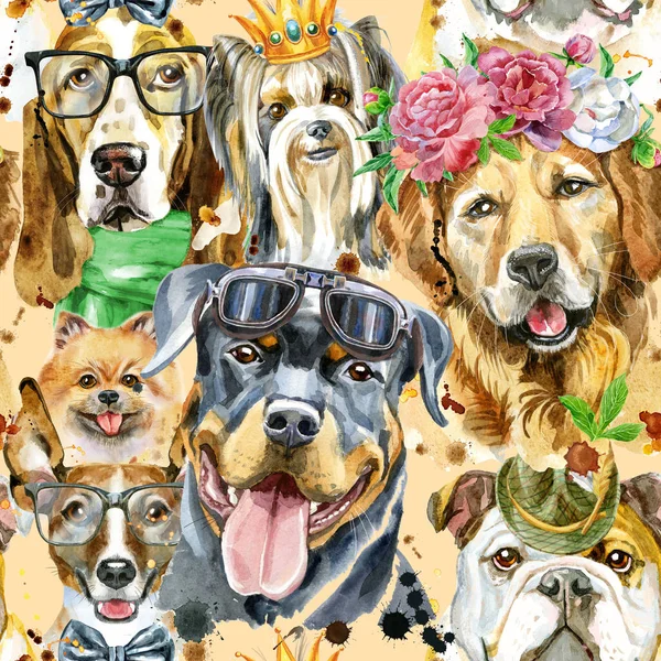 Watercolor seamless pattern of dogs on white background