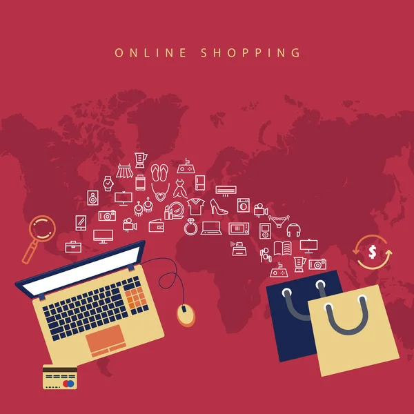 Illustrazione vettoriale di design piatto. E-commerce, shopping e consegna — Vettoriale Stock