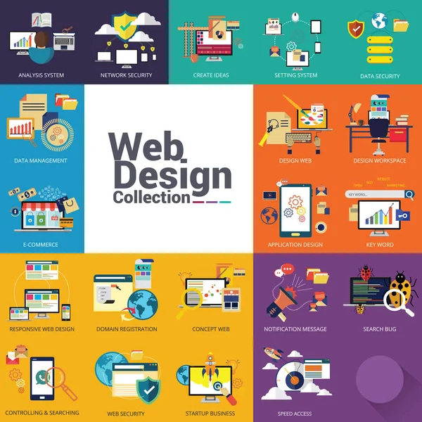 web ve mobil hizmetler ve uygulamalar için düz tasarım konsepti simgeler kümesi. web tasarım, uygulama geliştirme, seo ve web geliştirme simgeleri.