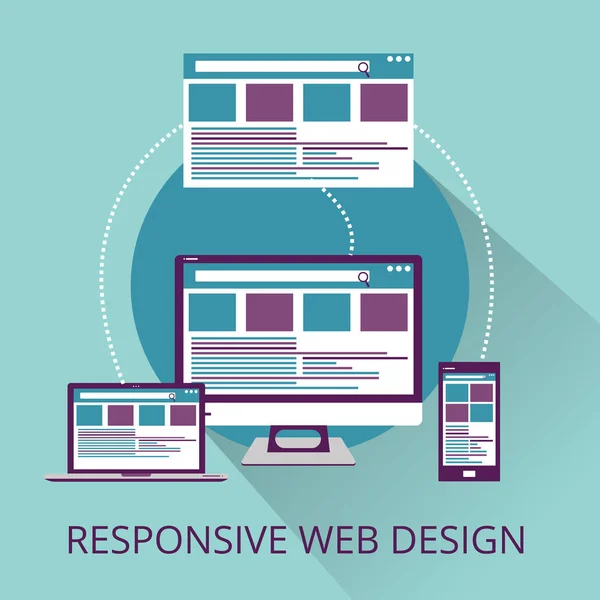 Piatto responsive web design concetto dispositivi di sviluppo del sito web — Vettoriale Stock